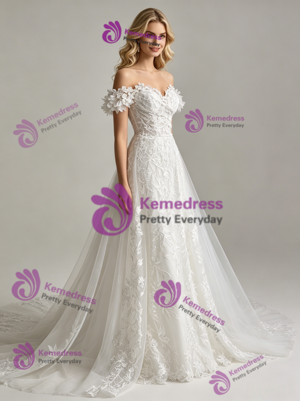 White Tulle Lace Appliques Wedding Dress