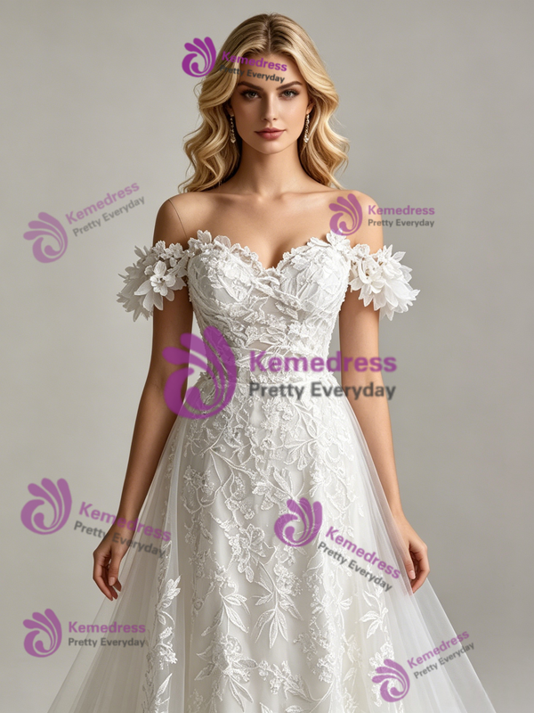 White Tulle Lace Appliques Wedding Dress