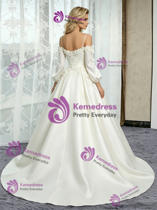 Beige White Satin Straps Short Sleeve Flower Wedding Dress