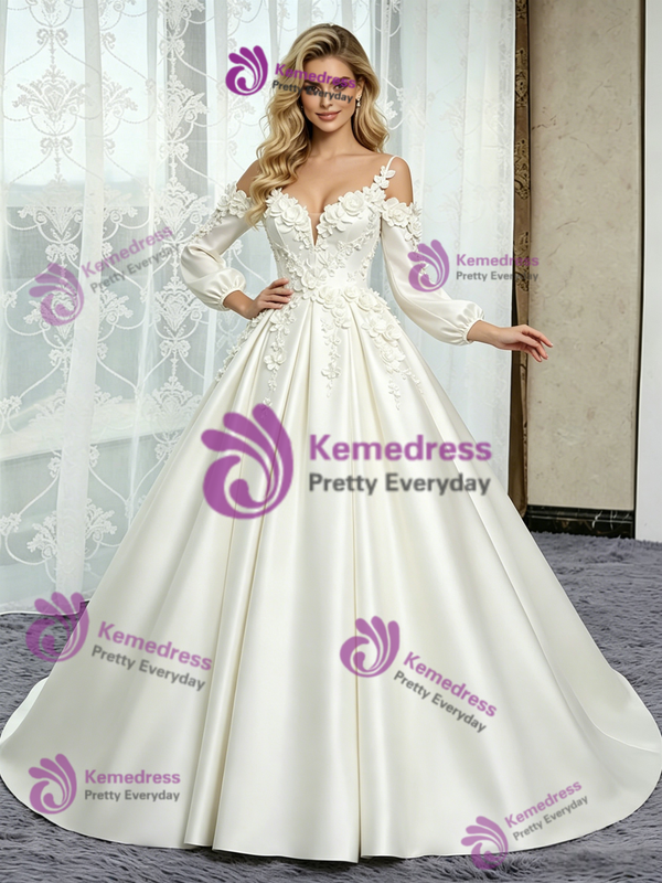 Beige White Satin Straps Short Sleeve Flower Wedding Dress