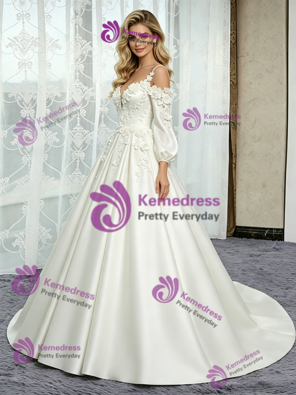 Beige White Satin Straps Short Sleeve Flower Wedding Dress