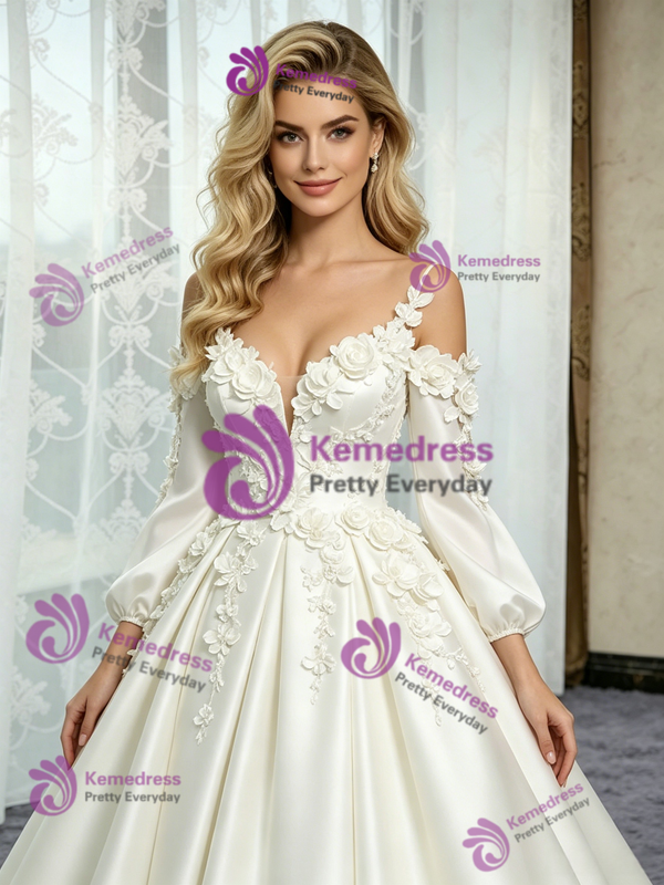 Beige White Satin Straps Short Sleeve Flower Wedding Dress