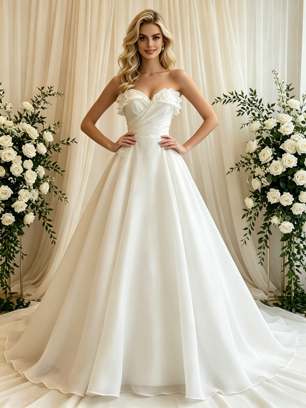 White Tulle Strapless Wedding Dress