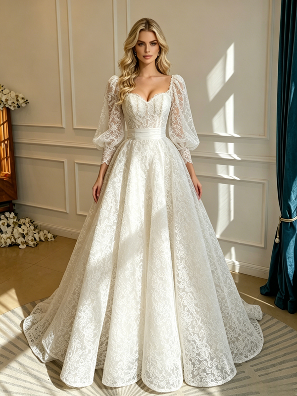 White Lace Square Neck Long Sleeve Wedding Dress