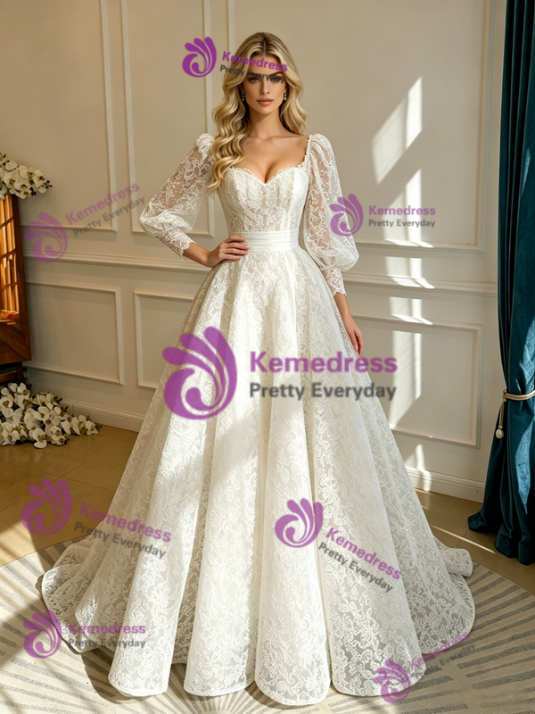 White Lace Square Neck Long Sleeve Wedding Dress