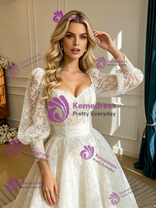 White Lace Square Neck Long Sleeve Wedding Dress