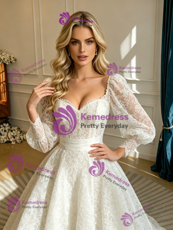 White Lace Square Neck Long Sleeve Wedding Dress
