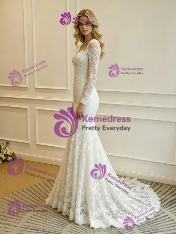 White Mermaid Lace Long Sleeve Wedding Dress