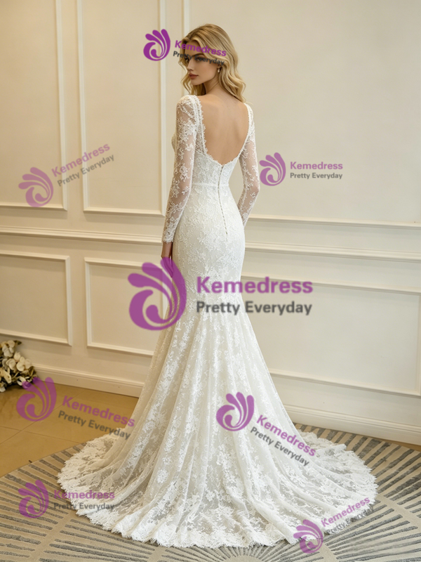 White Mermaid Lace Long Sleeve Wedding Dress