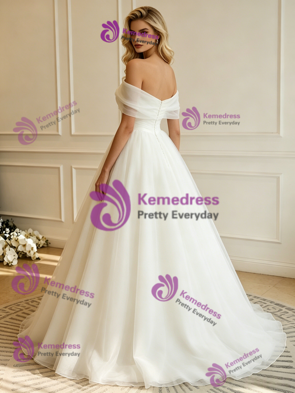 White Tulle Off the Shoulder Pleats Wedding Dress