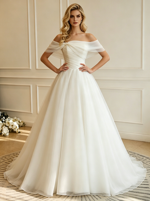 White Tulle Off the Shoulder Pleats Wedding Dress