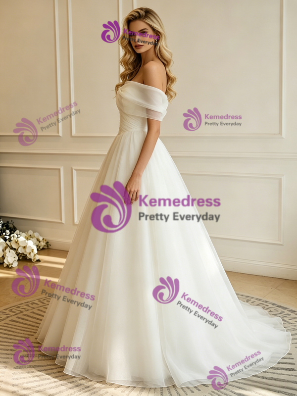 White Tulle Off the Shoulder Pleats Wedding Dress