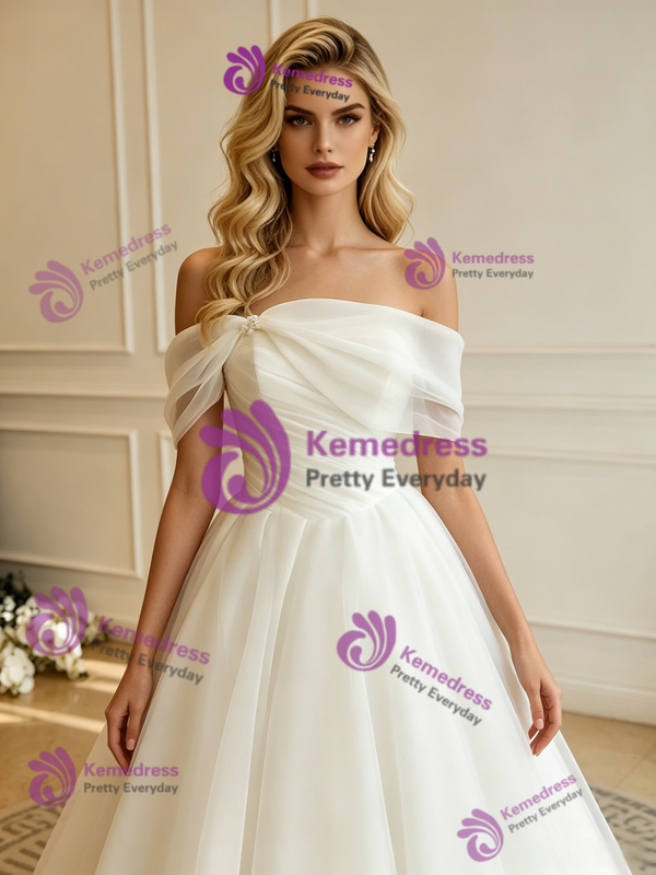 White Tulle Off the Shoulder Pleats Wedding Dress