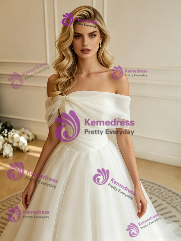 White Tulle Off the Shoulder Pleats Wedding Dress