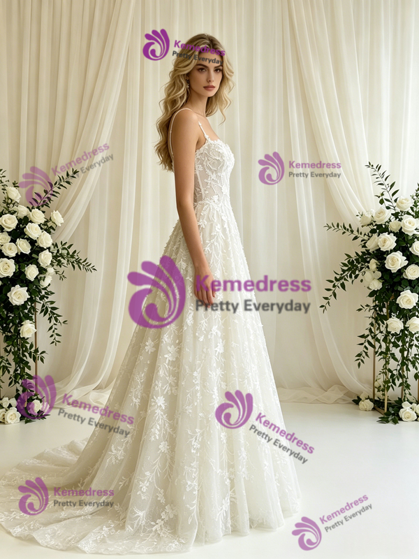 White Tulle Lace Straps Wedding Dress