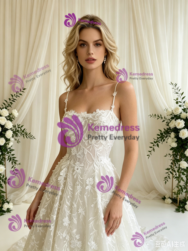 White Tulle Lace Straps Wedding Dress