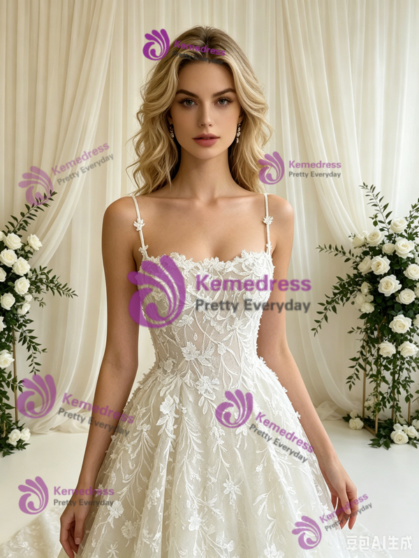 White Tulle Lace Straps Wedding Dress