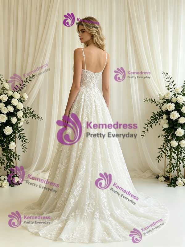 White Tulle Lace Straps Wedding Dress