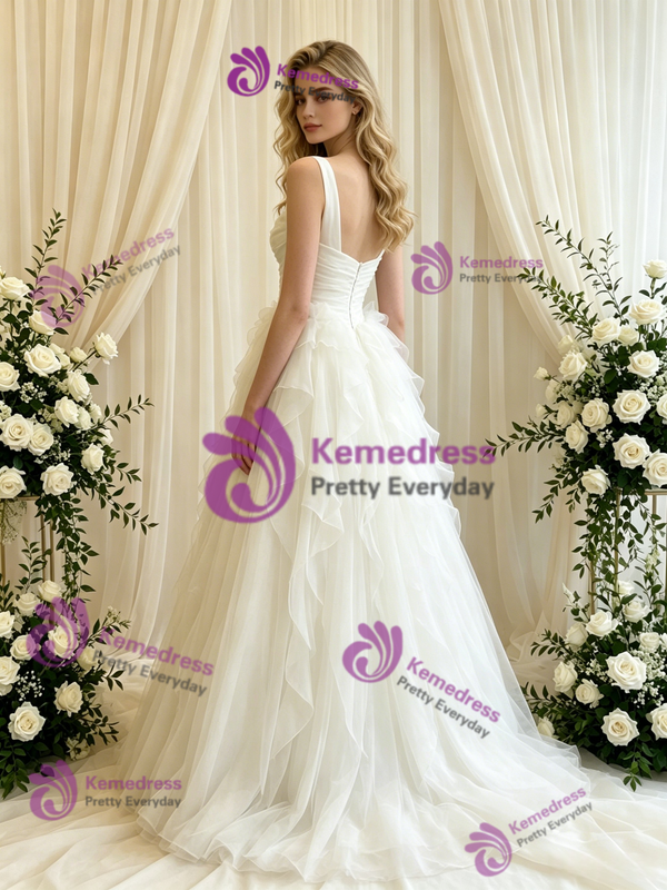 Beige White Tulle Straps Pleats Wedding Dress
