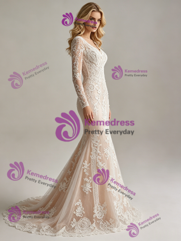 Champagne Mermaid Lace Appliques Long Sleeve Wedding Dress