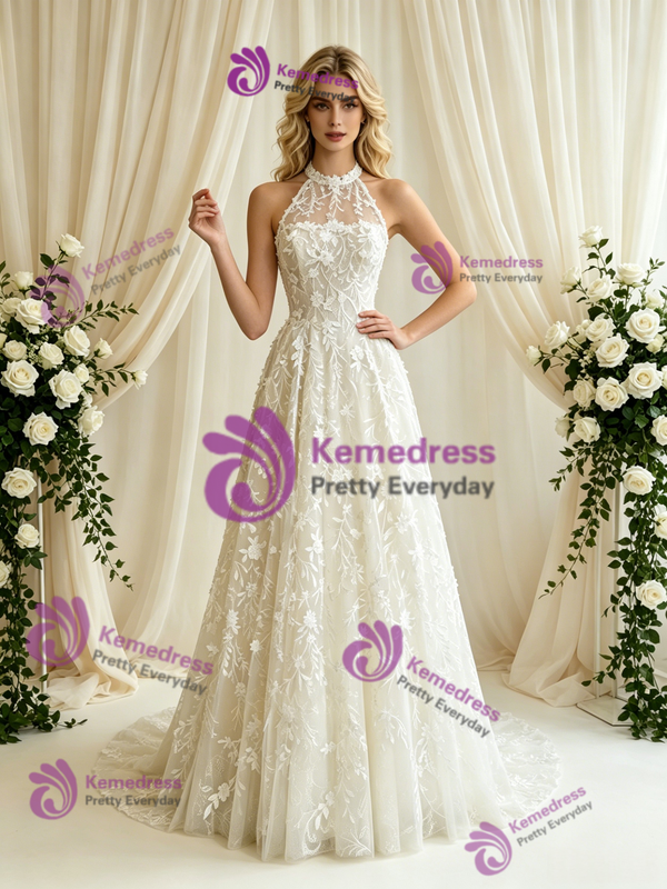 White Tulle Appliques Halter Wedding Dress