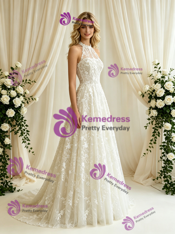White Tulle Appliques Halter Wedding Dress