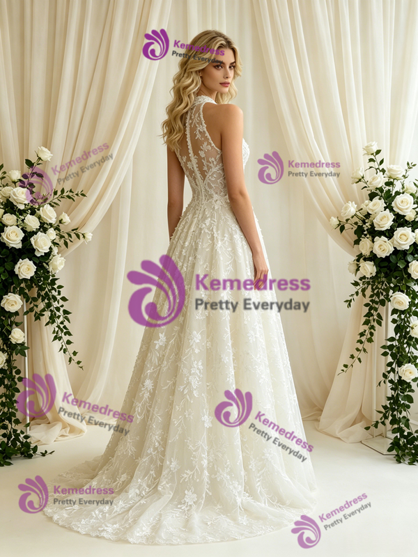 White Tulle Appliques Halter Wedding Dress