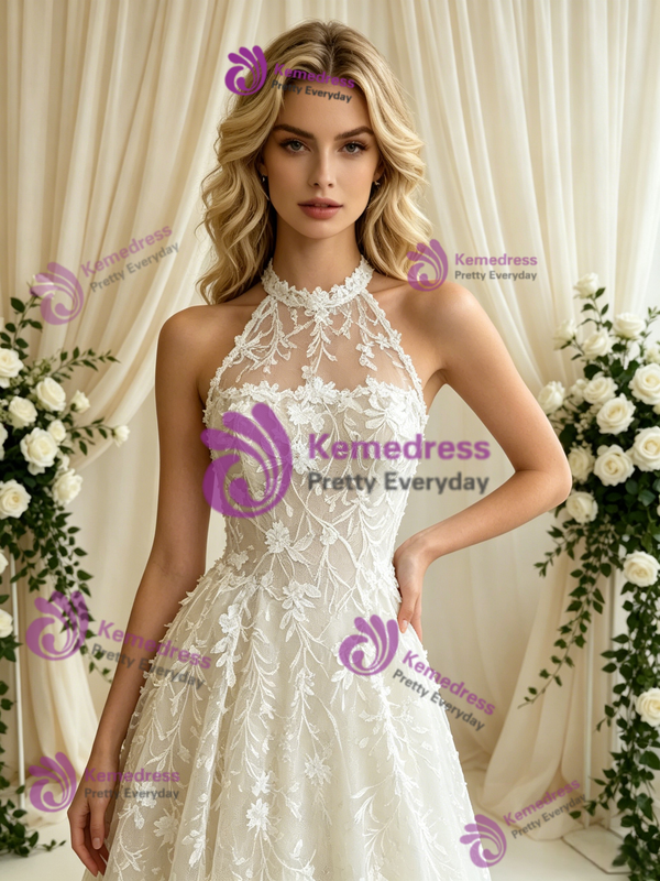 White Tulle Appliques Halter Wedding Dress