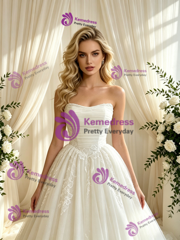 Beige White Tulle Appliques Strapless Appliques Wedding Dress