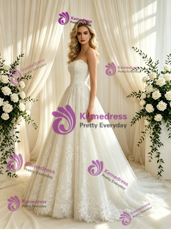 Beige White Tulle Appliques Strapless Appliques Wedding Dress