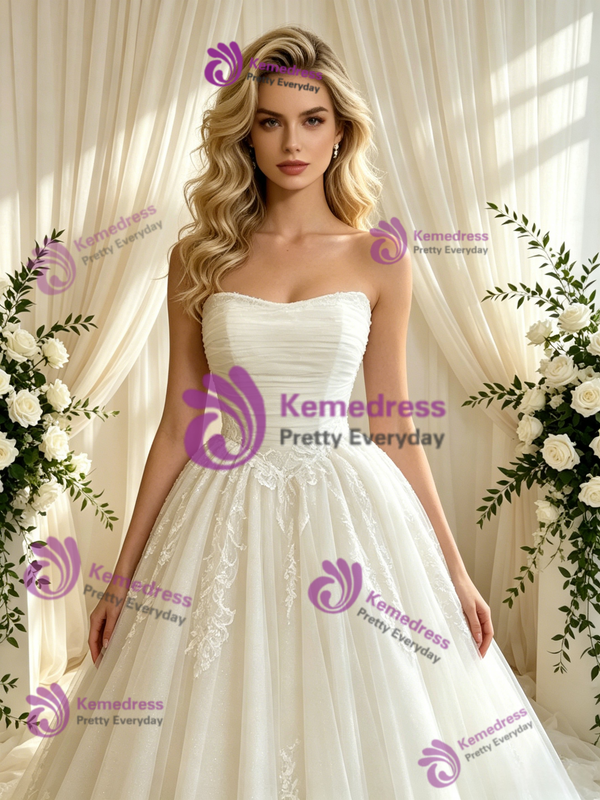 Beige White Tulle Appliques Strapless Appliques Wedding Dress
