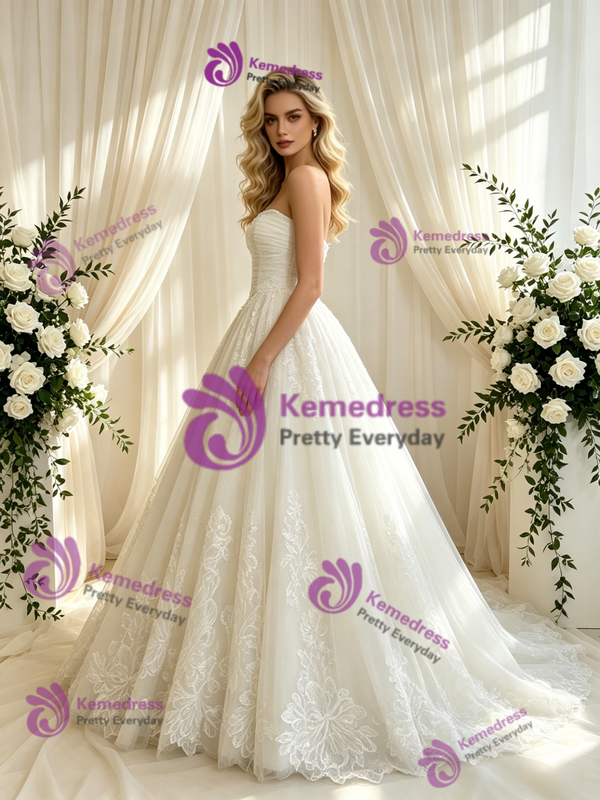 Beige White Tulle Appliques Strapless Appliques Wedding Dress