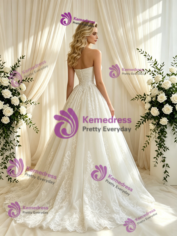 Beige White Tulle Appliques Strapless Appliques Wedding Dress