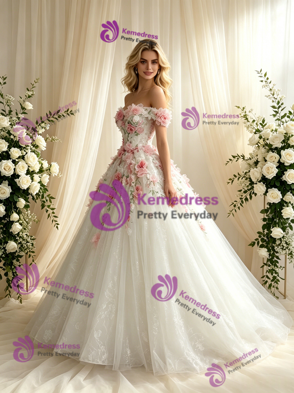White Tulle Off the Shoulder Appliques Wedding Dress