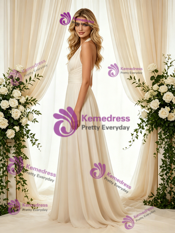 Light Champagne Chiffon V-neck Pleats Wedding Dress