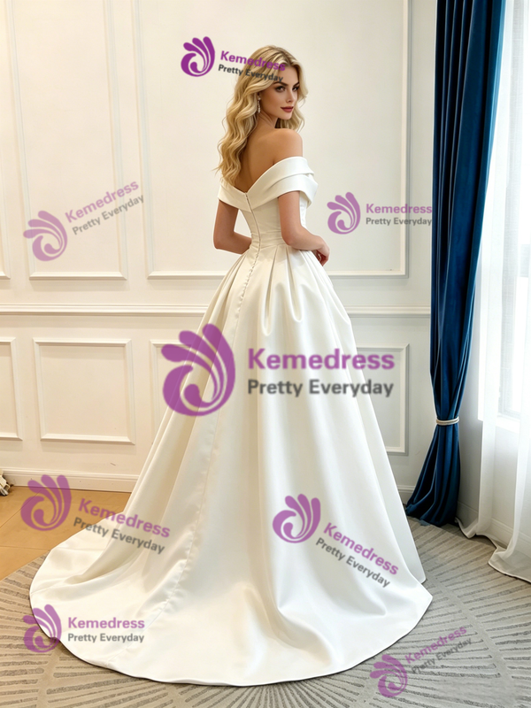 Ivory Satin Off the Shoulder Pleats Wedding Dress