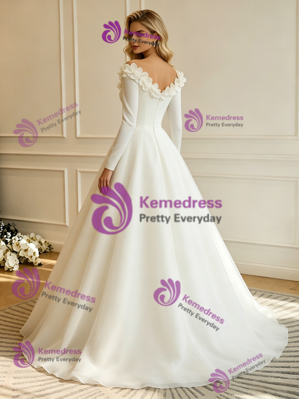 White Tulle Off the Shoulder Flower Wedding Dress