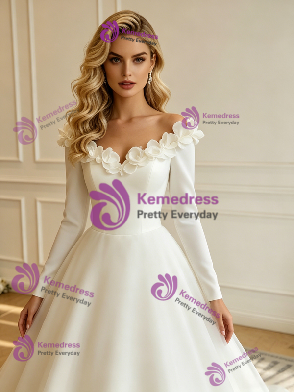 White Tulle Off the Shoulder Flower Wedding Dress