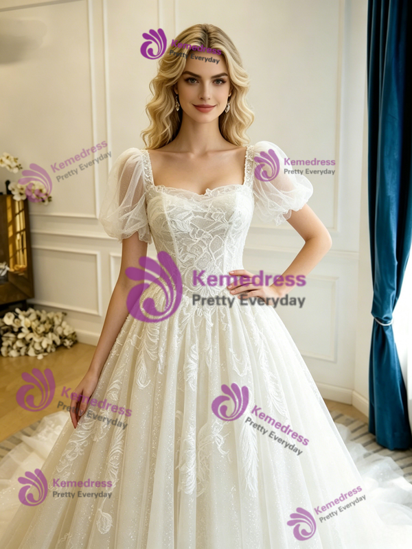 Beige White Tulle Lace Strapless Wedding Dress