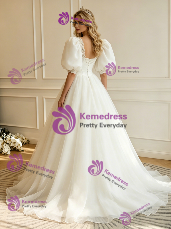 White Tulle Puff Sleeve Wedding Dress