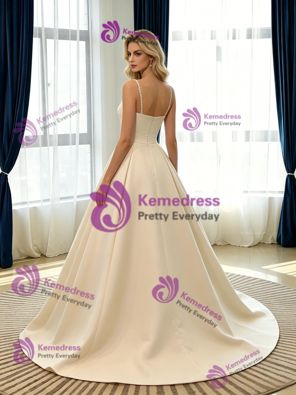 Champagne Satin Spaghetti Straps Wedding Dress