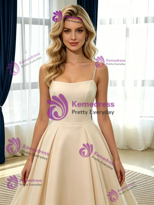 Champagne Satin Spaghetti Straps Wedding Dress