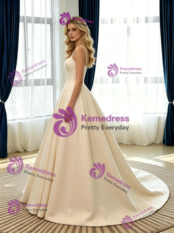 Champagne Satin Spaghetti Straps Wedding Dress