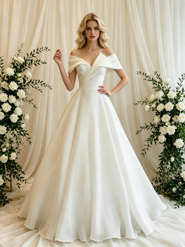 White Tulle Off the Shoulder Wedding Dress