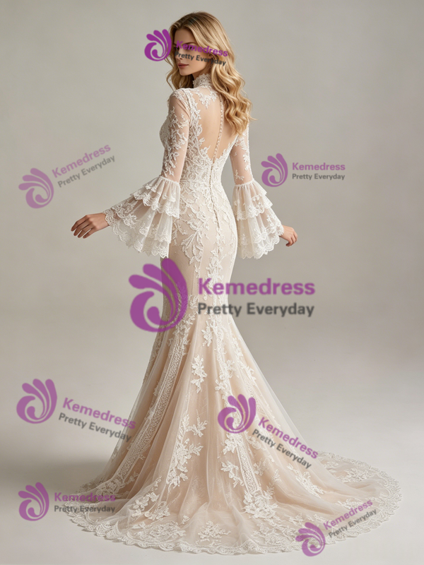 Champagne Mermaid Long Sleeve Appliques Wedding Dress
