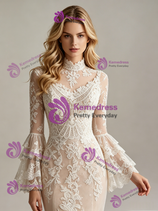 Champagne Mermaid Long Sleeve Appliques Wedding Dress