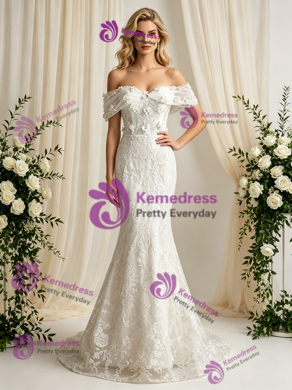 White Mermaid Lace Off the Shoulder Wedding Dress