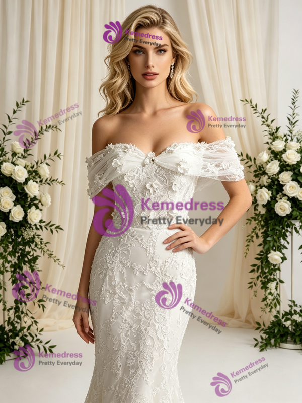 White Mermaid Lace Off the Shoulder Wedding Dress