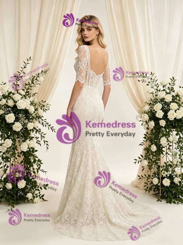 Beige White Mermaid Lace Short Sleeve Wedding Dress