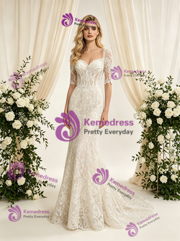 Beige White Mermaid Lace Short Sleeve Wedding Dress